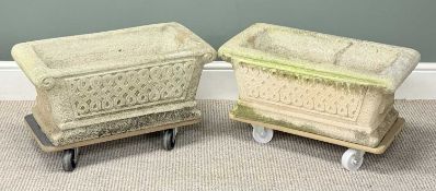 PAIR OF RECTANGULAR STONEWARE GARDEN TROUGHS, Cotswold Studios, Gloucester, impressed scroll design,