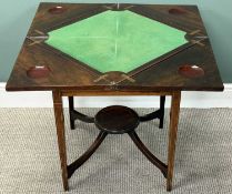 VICTORIAN INLAID ROSEWOOD ENVELOPE TOP CARD TABLE, baize lined interior, leaves having counter