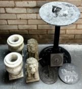 GARDEN ORNAMENTS, including metal sundial, pair of concrete lions, pair of marble type urns, etc.