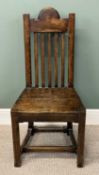 PEGGED OAK HALL CHAIR, arched top rail, rail back, solid two-piece seat, hewn supports and