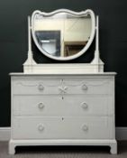 CREAM PAINTED DRESSING TABLE with shaped swing mirror, three long drawers with ring handles, 156 (h)