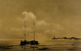 ‡ JOHN SNELLING (British, b. 1914) watercolour - moored sailing boats, signed lower right, 24 x