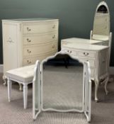 CREAM BEDROOM FURNITURE, five-drawer chest, 108 (h) x 93 (w) x 46cms (d); two three-drawer cabinets,