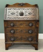GOTHIC STYLE OAK BUREAU, fall front over four drawers, carved and with mask head handles, 104 (h)