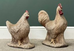 TWO PAINTED RECONSTITUTED STONE CHICKENS, 46cms (h) the largest Provenance: private collection