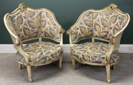 PAIR OF LOUIS XV STYLE BERGÈRES with painted and gilded frames, beige, blue and gold silk effect
