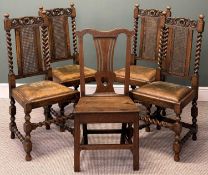 FIVE VARIOUS CHAIRS including 19th Century oak farmhouse chair having a splat back pierced with a