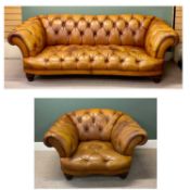 TETRAD BROWN HIDE BUTTON BACK SETTEE & ARMCHAIR, settee 80 (h) x 226 (w) x 110cms (d), armchair