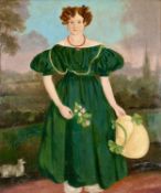AMENDED: NAIVE oil on canvas - full length portrait of a lady in a green dress, holding a hat and