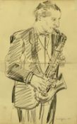 ‡ GLYN MORGAN (1926-2015) pencil on paper - man with a saxophone, signed and dated '55 lower