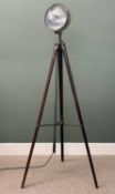 INDUSTRIAL ALUMINIUM MARINE SPOT LAMP, on folding wooden tripod stand with brass fittings and