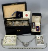 LEATHER JEWELLERY BOX CONTAINING COSTUME JEWELLERY, some silver, including rings, bracelets,