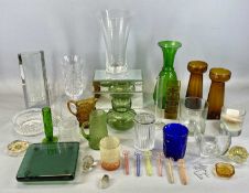 ASSORTED GLASSWARE, including two amber glass hyacinth vases, each 19cms (h); pressed amber jug,