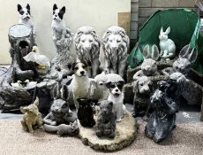 ASSORTED GARDEN ORNAMENTS in concrete and plastic, including pair of lions, dogs, and other animals;