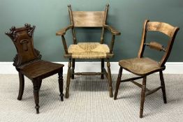 SEATING GROUP, comprising Victorian mahogany hall chair with shield back, solid seat, and turned