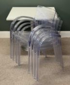 RETRO STYLE TABLE & CHAIR SET, the table with square white Formica top and brushed steel tulip base,