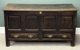 ANTIQUE JOINED OAK MULE CHEST, rectangular plank top over quadruple panel front and two drawers,