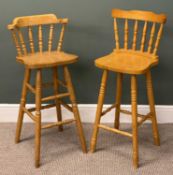 PAIR OF MODERN BEECH BAR STOOLS with spindle backs and solid seats Provenance: private collection