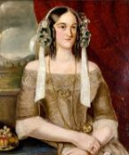 UNKNOWN oil on canvas - half-length portrait of a seated lady with ringlets, flowers and ribbons