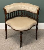 EDWARDIAN MAHOGANY CORNER CHAIR, cream dralon upholstery with button backrest over a spindle