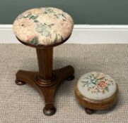VICTORIAN STOOLS, rosewood piano stool with circular adjustable revolving seat, floral upholstery,
