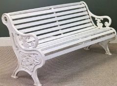 VICTORIAN GARDEN BENCH with substantial cast iron scroll ends, wooden slatted seat and back, painted