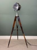 INDUSTRIAL BRASS MARINE SPOT LAMP, with aluminium U-shaped bracket, on wooden tripod stand, with