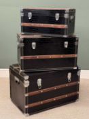 GRADUATED SET OF THREE DECORATIVE STORAGE TRUNKS, vintage style with black faux crocodile