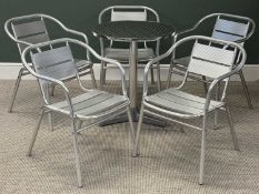 ALUMINIUM PATIO SET, comprising circular pedestal table, 71 (h) x 61cms (diam.); and four tubular
