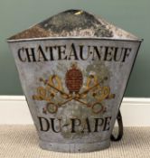 VINTAGE GALVANISED METAL GRAPE PICKERS HOD, Châteauneuf-du-Pape, with leather shoulder straps, 64 (