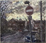 ‡ ALEX ARNELL (British, b. 1976) oil on board - entitled verso 'Scene with No Entry Sign, Stormy