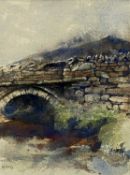 ‡ ROB PIERCY (Welsh, b. 1946) watercolour - stone bridge over river with mountain beyond, signed