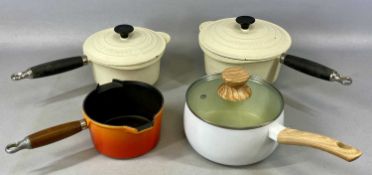 LE CREUSET, two cream saucepans with lids, 22 and 19cms (diam.); and cream saucepan, 16cms (diam.)