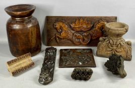 ASSORTED TREEN / DECORATIVE WOODEN ITEMS, including three Victorian textile printing blocks; oak