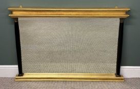 RECTANGULAR GILT FRAMED OVERMANTEL MIRROR, the bevelled plate flanked with ebonised turned half