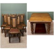 GOTHIC STYLE OAK TABLE & SIX CHAIRS, the extending table with carved rim and turned supports, centre