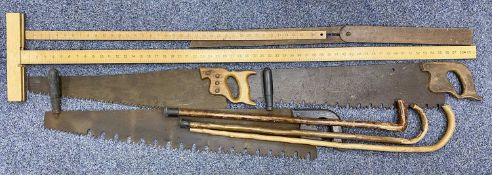 VINTAGE TOOLS, including two rip saws, folding T-square, three 5ft T-squares, etc. Provenance: