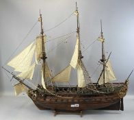 SCRATCH BUILT SCALE WOODEN MODEL OF A THREE-MASTED SAILING GALLION, on stand, 90 (h) x 110cms (l)
