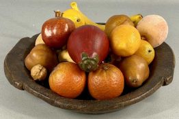 COMPOSITE FRUITS, various including lemons, banana, pears, and oranges, contained in a rustic wooden