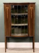 EDWARDIAN INLAID MAHOGANY DISPLAY CABINET, leaded glazed bow front door, tapered square supports,