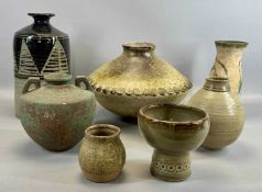 STUDIO POTTERY, bottle vase with geometric glaze, 32cms (h); circular vase of wide flattened ovoid