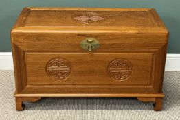 CHINESE CAMPHOR WOOD CHEST, carved to the top and front with Chinese Lu symbols, with brass lock