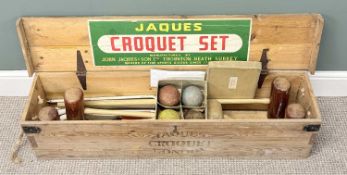 JAQUES OF LONDON CROQUET SET in pine box, including four mallets, four balls, steel hoops, etc.