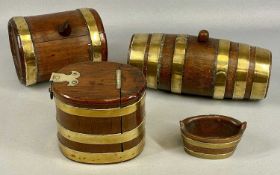 SMALL OVAL GEORGIAN MAHOGANY & COOPERED BRASS RUM BARREL, hinged cover with brass clasp, 14 (h) x 15