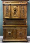 CONTINENTAL WALNUT DRESSER, upper section having three doors with carved bas relief decoration,
