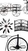 ASSORTED METAL GARDEN ORNAMENTS, including a decorative bridge, two bicycle form flower holders,