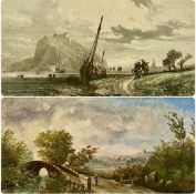 UNKNOWN 19TH CENTURY oil on board - figures by bridge, windmill of hill beyond, unsigned, 14 x