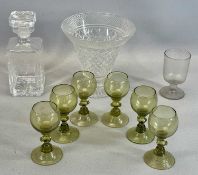 ASSORTED GLASSWARE, including six green hock glasses, 13cms (h); 19th century glass rummer, 13cms (