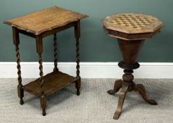 VICTORIAN WALNUT SEWING TABLE, octagonal inlaid chessboard top, fitted interior, on carved tripod