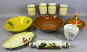 KITCHENALIA, including four T.G. Green Cornishware yellow and white banded storage jars with covers,